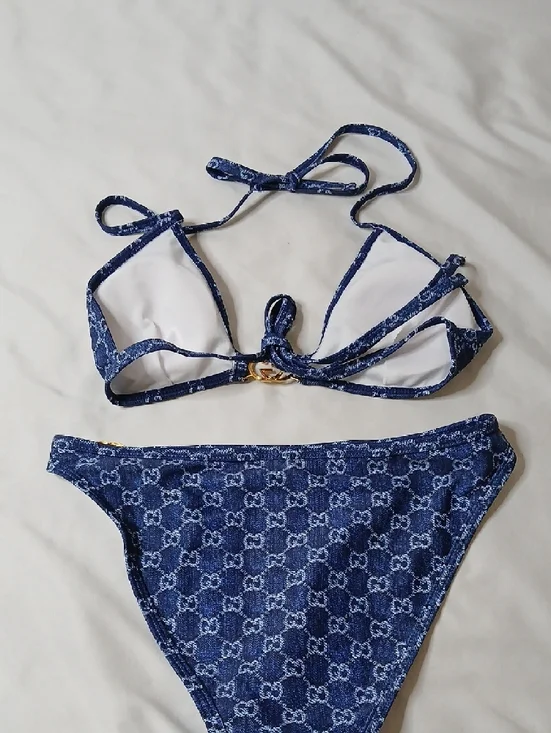Gucci Navy Blue GG Denim-Effect Bikini with Gold Hardware - Picture 4 of 4